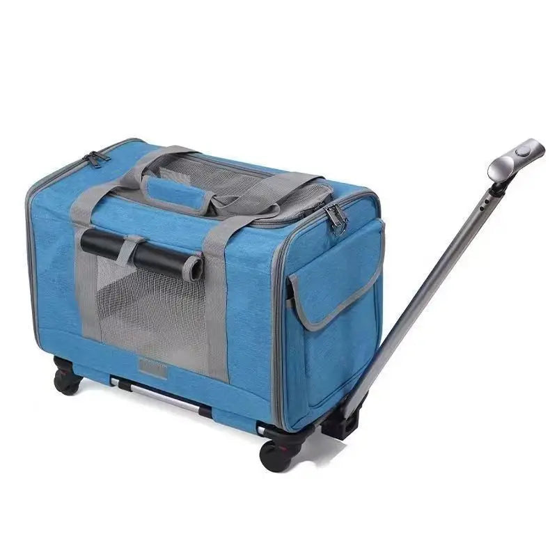 Chariot de transport bleu pour chat et chien avec roulettes et poignée télescopique