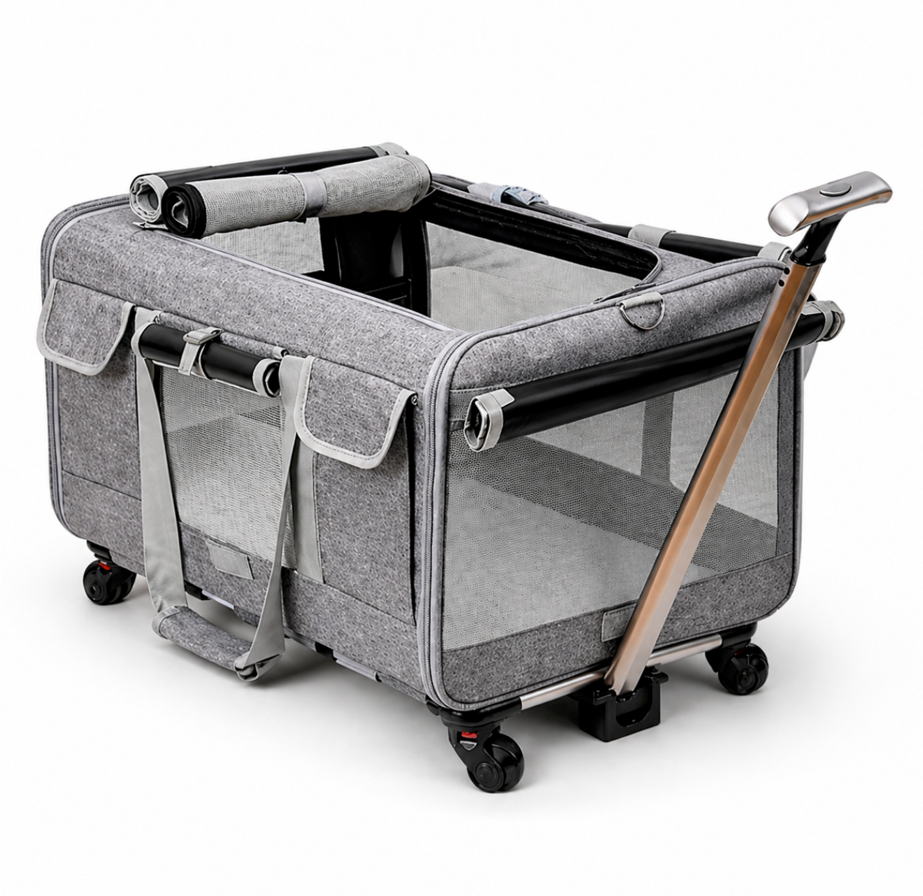 Chariot de transport gris pour chat et chien avec roues poignée télescopique et filet de protection