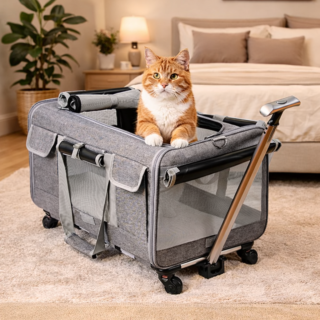 Catlaya TravelSafe Roll™ – Sac de transport à roulettes pour chat (poignée télescopique, pratique et confortable)