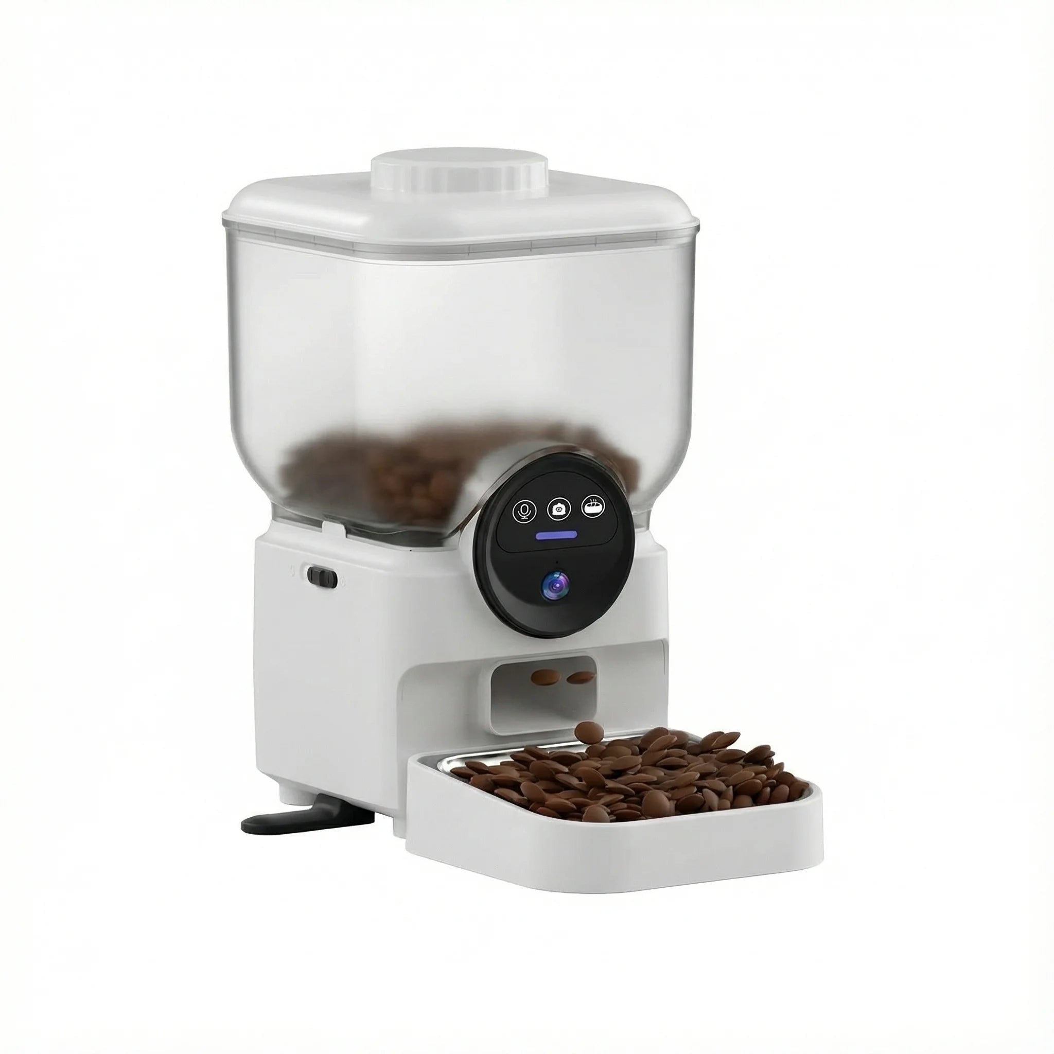 Distributeur automatique de croquettes blanc pour chat et chien avec caméra et bol inox