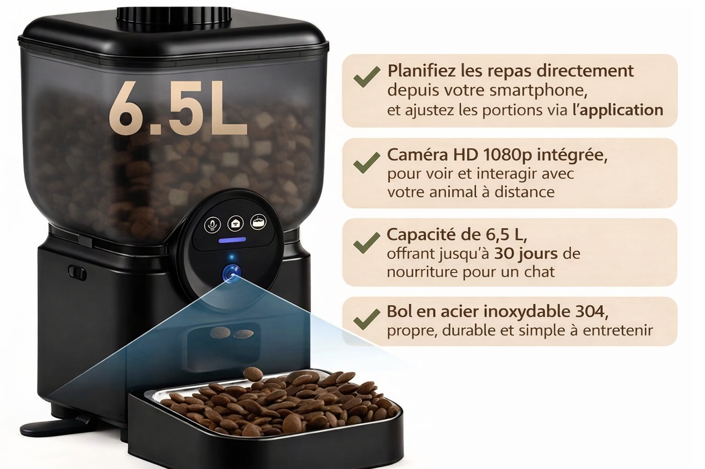 Catlaya SmartFeed Cam™ – Distributeur automatique de croquettes pour chat (caméra intégrée, contrôle via application mobile)