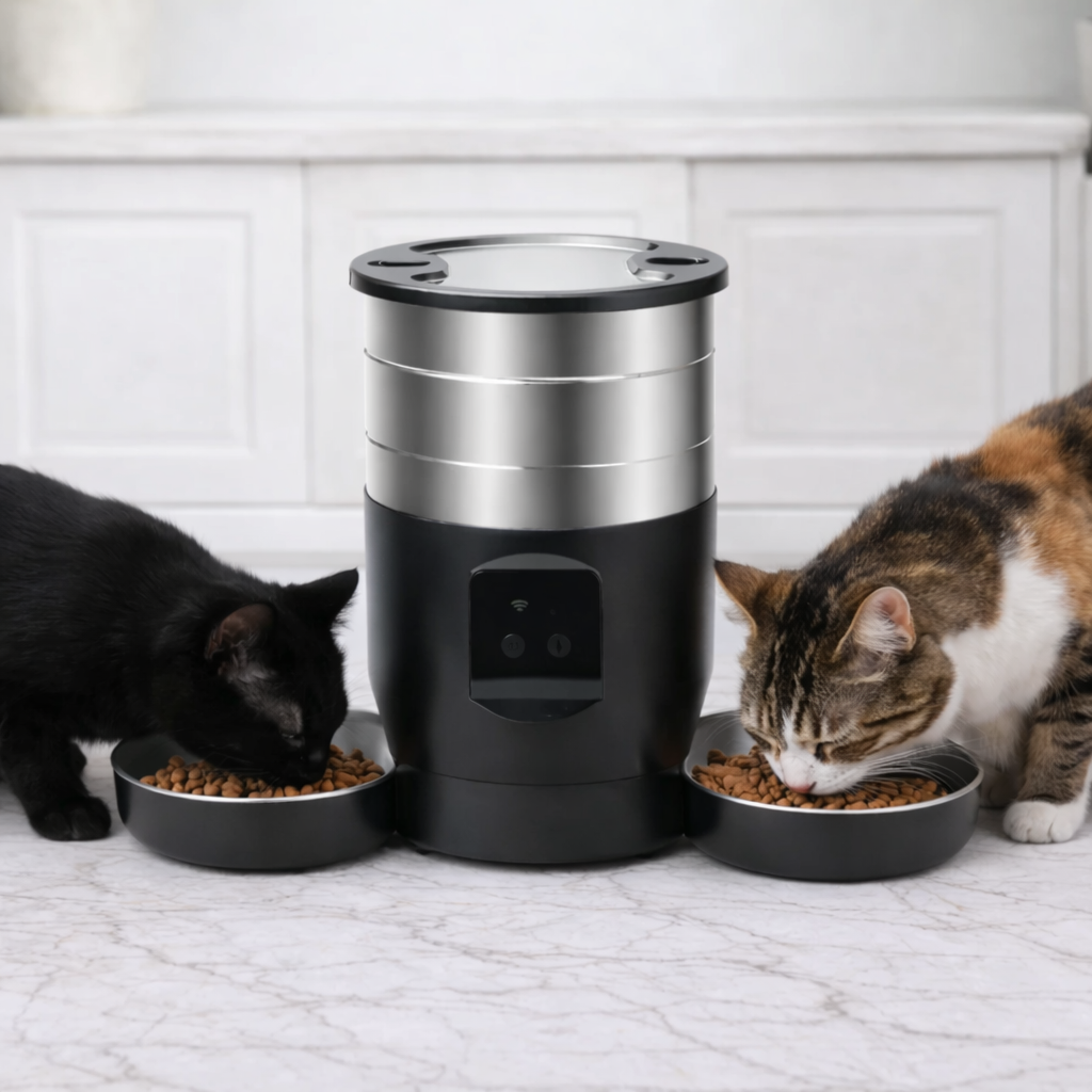 Chat noir et chat tigré mangeant simultanément dans les deux gamelles du distributeur cylindrique inox