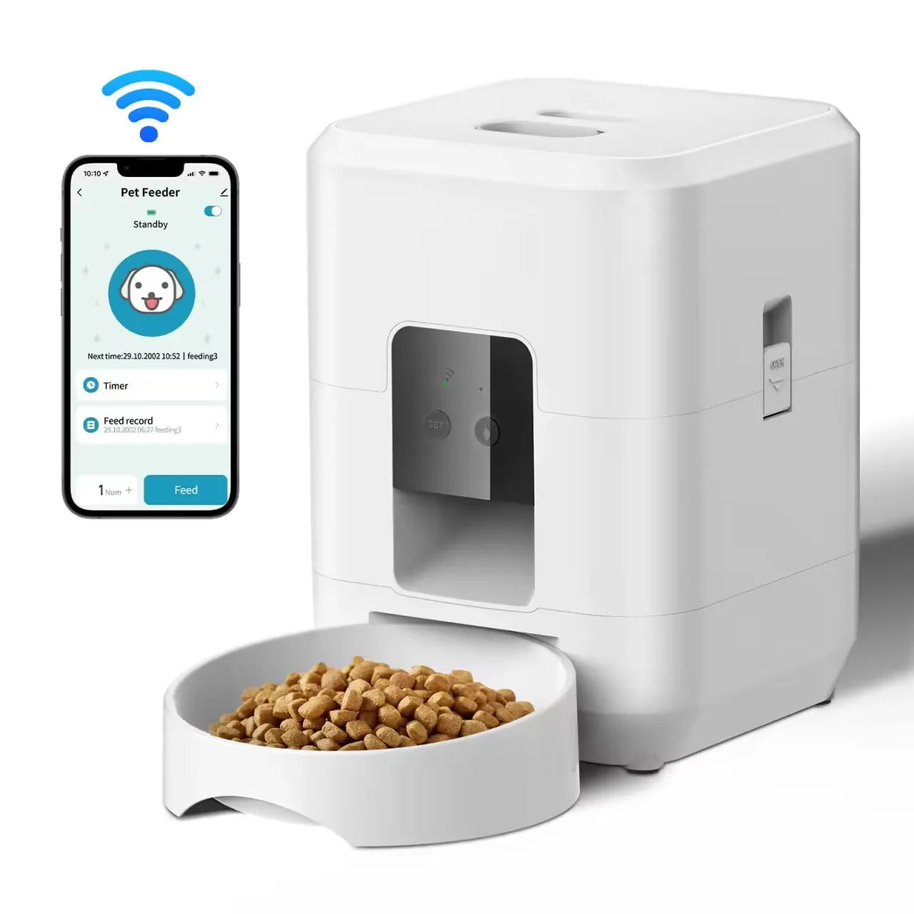 Distributeur automatique de croquettes blanc connecté WiFi avec gamelle et application mobile