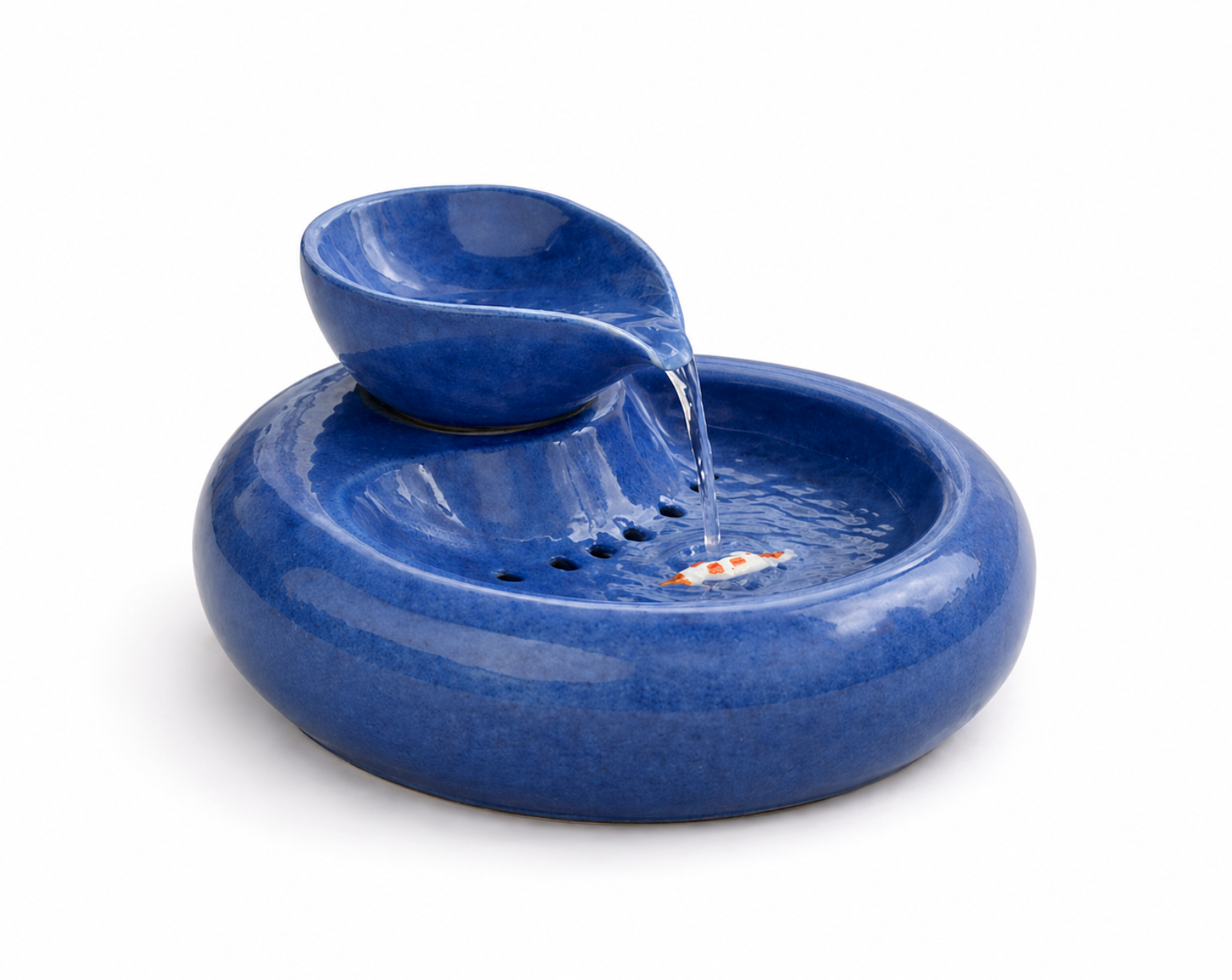 Fontaine à eau en céramique bleue pour chat avec cascade et décoration poisson koi