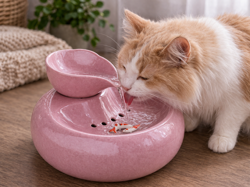Chat roux buvant dans la fontaine à eau en céramique rose avec cascade et décoration poisson koi