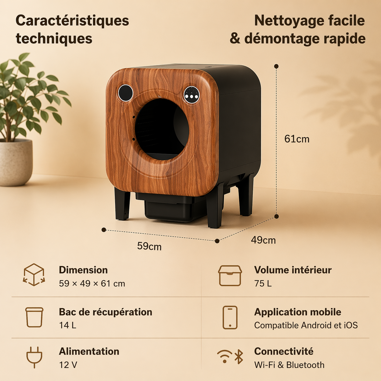 Catlaya SmartClean XL™ – Litière automatique connectée autonettoyante pour chat (capacité XXL 90L, multi-chats)