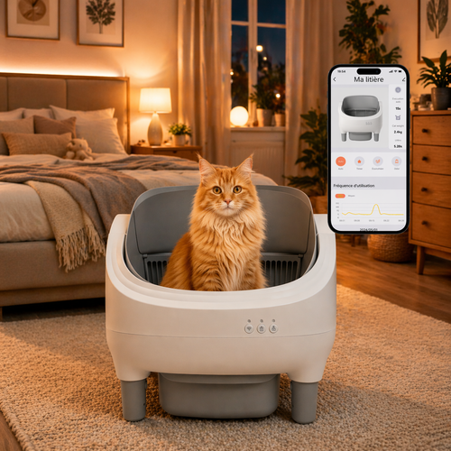 Chat roux assis dans la litière ouverte connectée avec application mobile de suivi dans une chambre