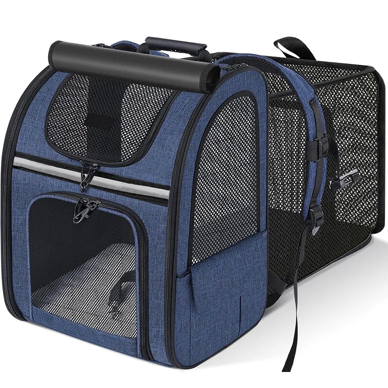 Sac à dos de transport bleu marine pour chat et chien avec grande fenêtre mesh et poignée