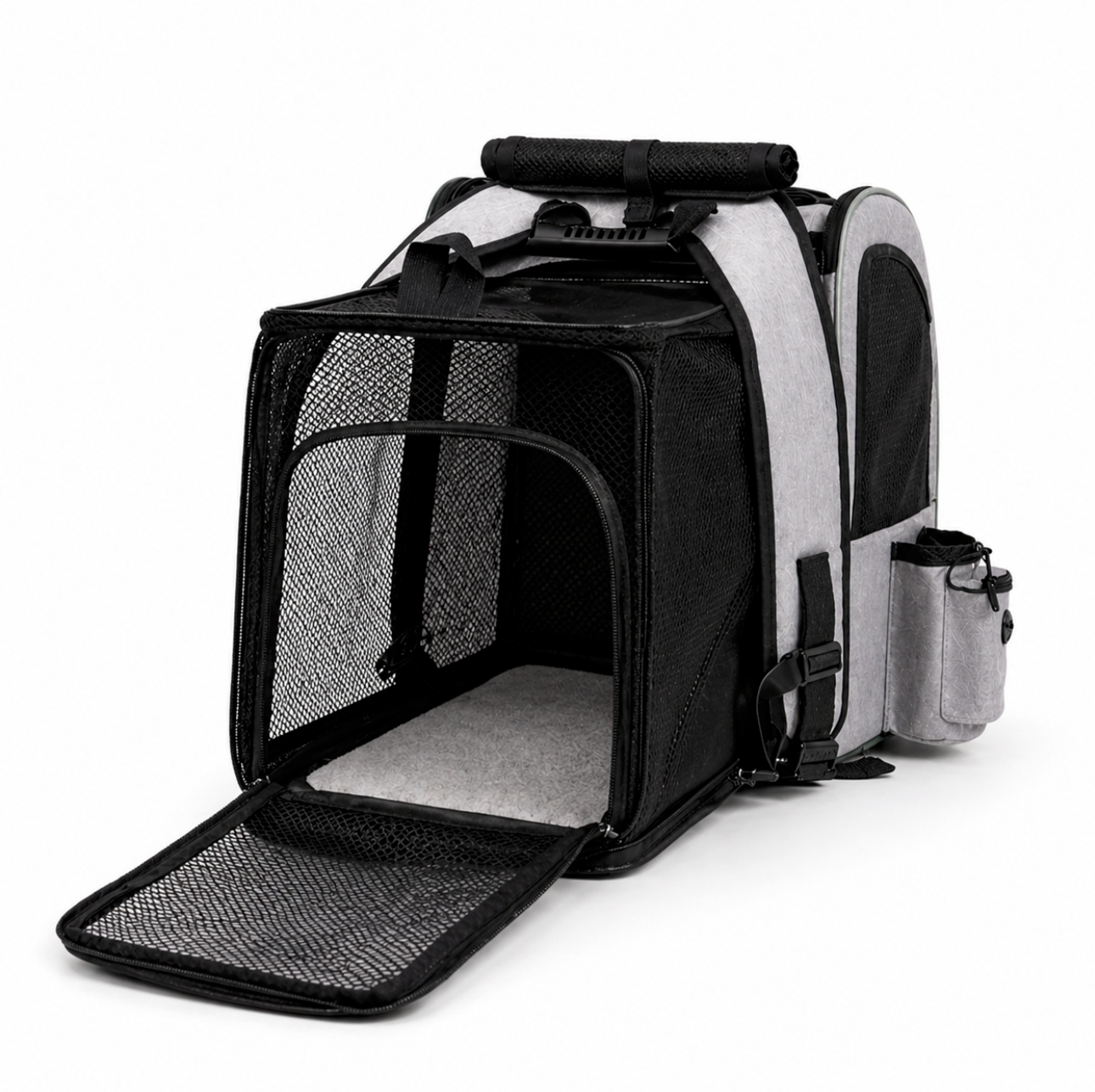 Sac à dos de transport gris et noir pour chat et chien ouvert avec tapis intérieur et gourde