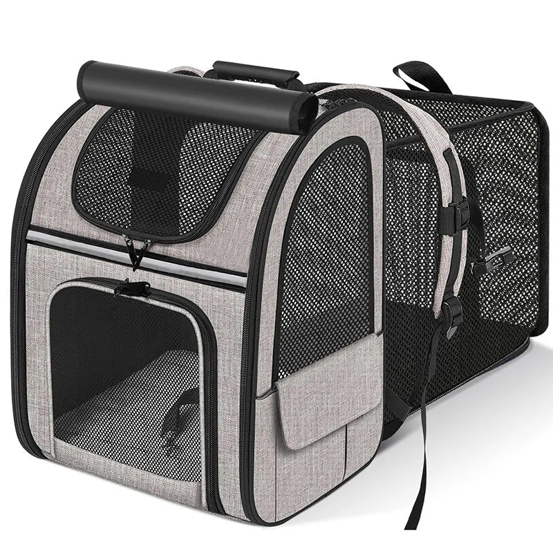 Sac à dos de transport gris clair pour chat et chien avec grande fenêtre mesh et poignée