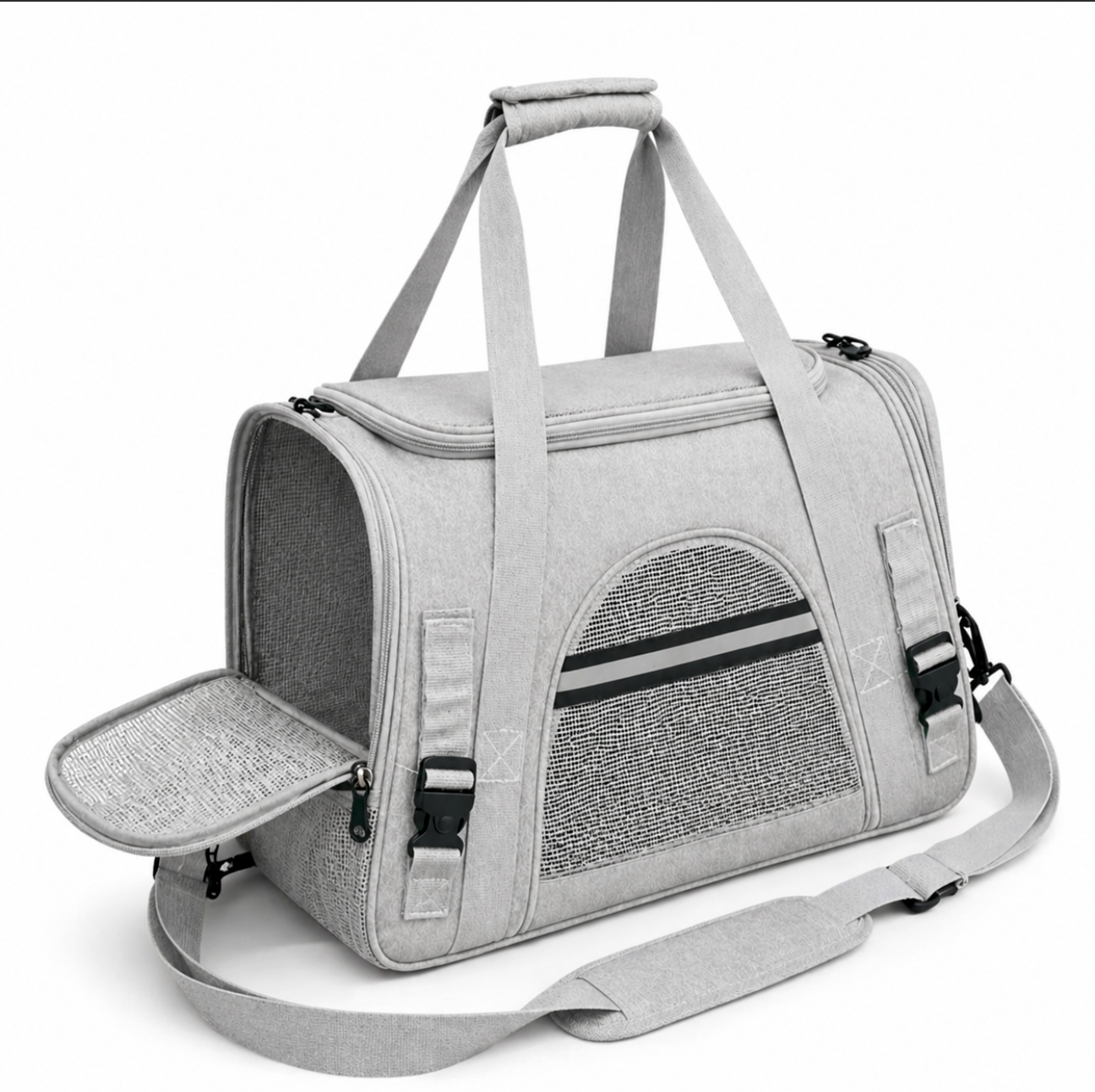 Sac de transport gris pour chat et chien avec bandoulière poignées et fenêtre mesh