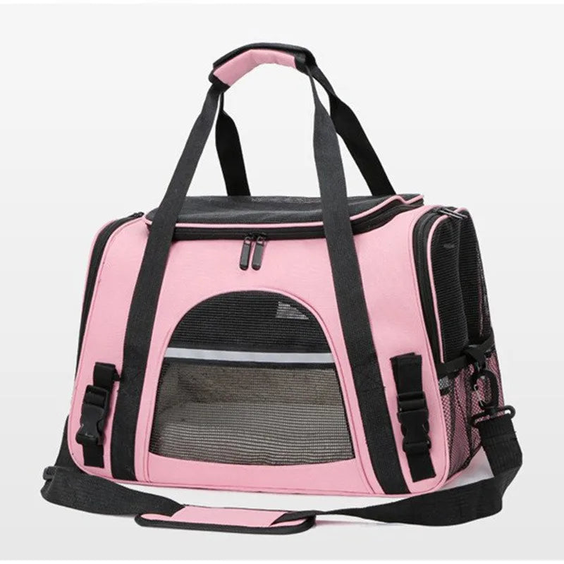 Sac de transport rose et noir pour chat et chien avec bandoulière et fenêtre mesh