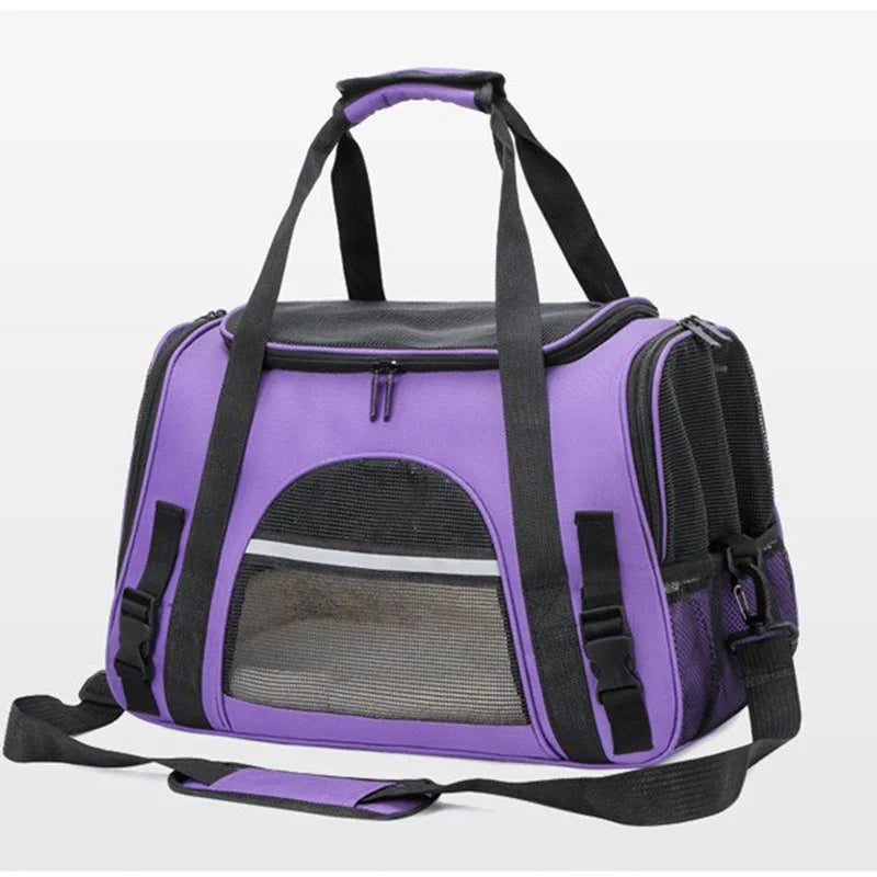 Sac de transport violet et noir pour chat et chien avec bandoulière et fenêtre mesh